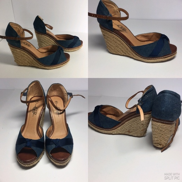 Blue  Platform Sandals Fabric Material Top, Size 7 - Picture 1 of 14